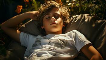A cute boy enjoying nature, lying down, eyes closed, carefree generated by AI photo