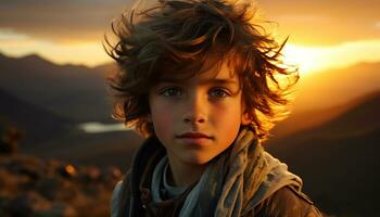 One boy looking at camera, smiling, surrounded by nature generated by AI photo