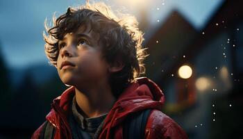 One boy smiling, looking at nature, enjoying outdoor adventure generated by AI photo