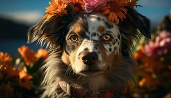 linda perrito sentado al aire libre, mirando a flor en otoño prado generado por ai foto