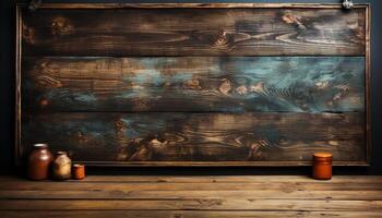 Rustic wood plank table, old and weathered, empty backdrop generated by AI photo