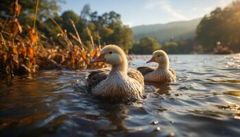 Cute duckling quacking in the meadow, surrounded by nature generated by AI photo