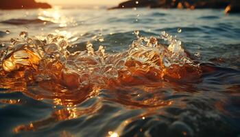 Sunset wave splashing on tranquil coastline, reflecting golden beauty generated by AI photo