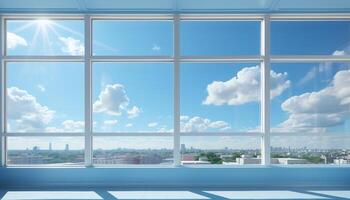 Bright blue sky frames modern cityscape through glass window generated by AI photo