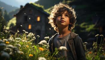 sonriente niño obras de teatro en hermosa prado, disfrutando naturaleza belleza generado por ai foto