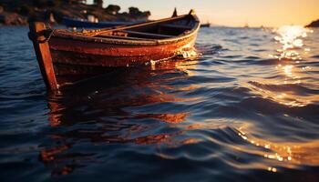 Sailing ship reflects tranquil sunset, nature beauty in nautical vessel generated by AI photo