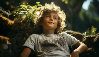 Smiling boy enjoys nature, sitting in green forest, playful generated by AI photo