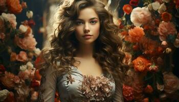 A beautiful young woman with long curly hair, looking at the camera, exudes elegance and sensuality generated by AI photo