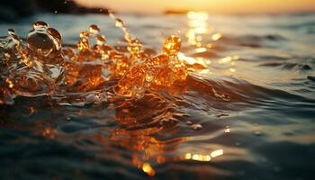 Sunset reflection on water, wave splashing, tranquil scene, tropical climate generated by AI photo