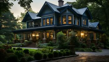 Luxury cottage, modern design, illuminated by lanterns, surrounded by nature generated by AI photo