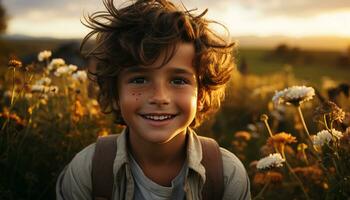 sonriente niño disfruta naturaleza, atardecer, y despreocupado al aire libre aventuras generado por ai foto