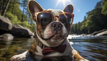 Cute bulldog wearing sunglasses enjoys summer outdoors, purebred fun generated by AI photo