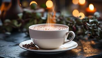 un caliente capuchino en un de madera mesa, un acogedor invierno bebida generado por ai foto