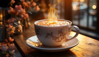 caliente bebida en madera mesa café, capuchino, latté, chocolate, Leche generado por ai foto