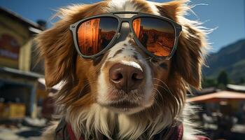 Cute puppy wearing sunglasses, looking at camera, enjoying outdoors generated by AI photo
