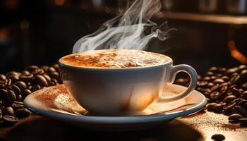 Fresh cappuccino on wooden table, steam rising from hot drink generated by AI photo