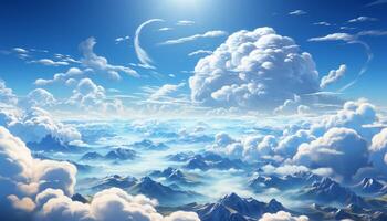 Fluffy cumulus clouds float high in the bright blue sky generated by AI photo
