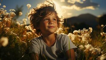 sonriente niño disfruta naturaleza belleza en juguetón verano prado generado por ai foto