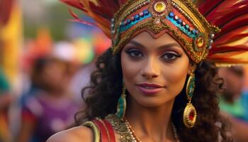 sonriente joven mujer en tradicional ropa a brasileño cultura desfile generado por ai foto