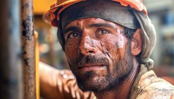 Smiling man in hardhat working outdoors on construction site generated by AI photo