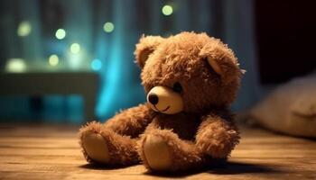 Cute teddy bear sitting on the floor, a joyful gift generated by AI photo