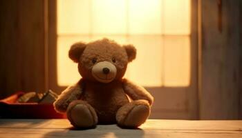 Cute teddy bear sitting by window, bringing childhood joy indoors generated by AI photo