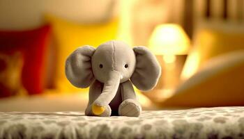Cute toy elephant sits on small bed, bringing joy indoors generated by AI photo