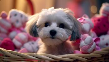 Cute puppy sitting in basket, looking at camera with joy generated by AI photo