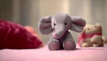 Cute elephant toy on a soft pink pillow in bedroom generated by AI photo