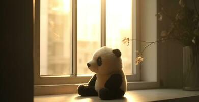 linda osito de peluche oso sentado en ventana umbral, trayendo alegría adentro generado por ai foto