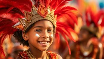 sonriente niña en tradicional disfraz celebra alegre tradicional festival generado por ai foto