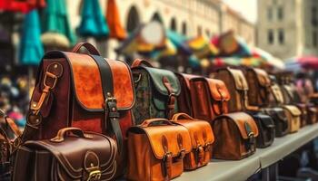 Large group of elegant leather luggage bags waiting on city street generated by AI photo