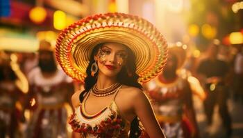sonriente joven mujer bailando en tradicional ropa a al aire libre festival generado por ai foto