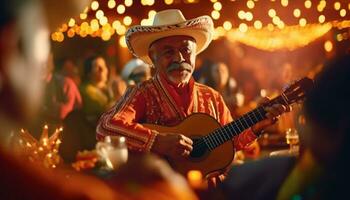 hombres jugando guitarra, celebrando tradicional festival, sonriente en etapa generado por ai foto