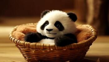 Cute panda sitting in a basket, looking at the camera generated by AI photo