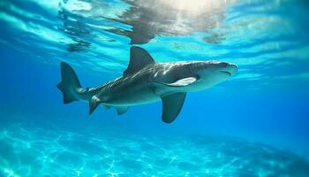 majestuoso delfín nadando en profundo azul agua, submarino aventuras generado por ai foto