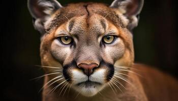 Cute feline mammal staring, close up, looking at camera, striped fur generated by AI photo