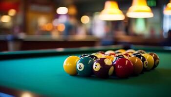 Playing pool at the pub, aiming for success with colorful balls generated by AI photo