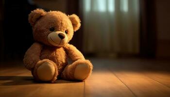 Cute teddy bear sitting on soft flooring, a joyful childhood gift generated by AI photo