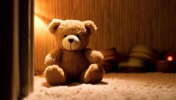 Fluffy teddy bear brings joy and love to a child generated by AI photo