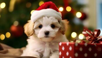 Cute puppy sitting by the Christmas tree, a perfect gift generated by AI photo