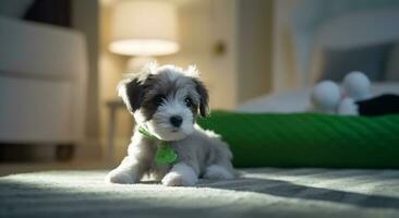 Cute puppy playing, looking at camera, fluffy fur, small terrier generated by AI photo