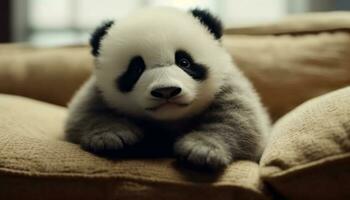 un linda pequeño panda perrito dormido en un mullido juguete generado por ai foto