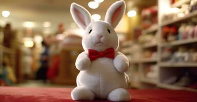 Cute toy rabbit sits on wood, a joyful celebration indoors generated by AI photo