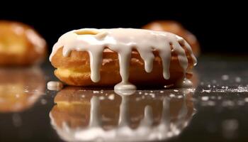 Freshly baked fluffy donut with chocolate icing and fruit slice generated by AI photo