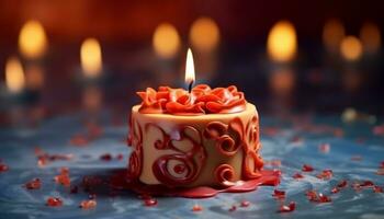 Burning candle illuminates sweet chocolate dessert, creating a romantic ambiance generated by AI photo