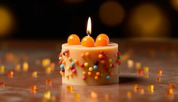 Flame illuminates birthday cake, glowing sweet dessert on decorated table generated by AI photo