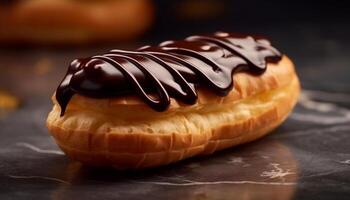 A delicious homemade chocolate eclair on a rustic wooden table generated by AI photo