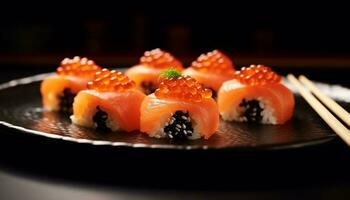 Freshness of seafood, gourmet meal, close up plate, Japanese culture generated by AI photo