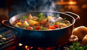 Fresh vegetable stew cooked on a wood fired grill, healthy and delicious generated by AI photo